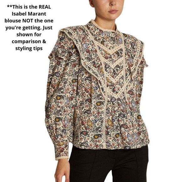 COTTAGECORE Prairie Vintage 70s Look Peacock Print Lace Trim Blouse Top M L - Picture 15 of 16